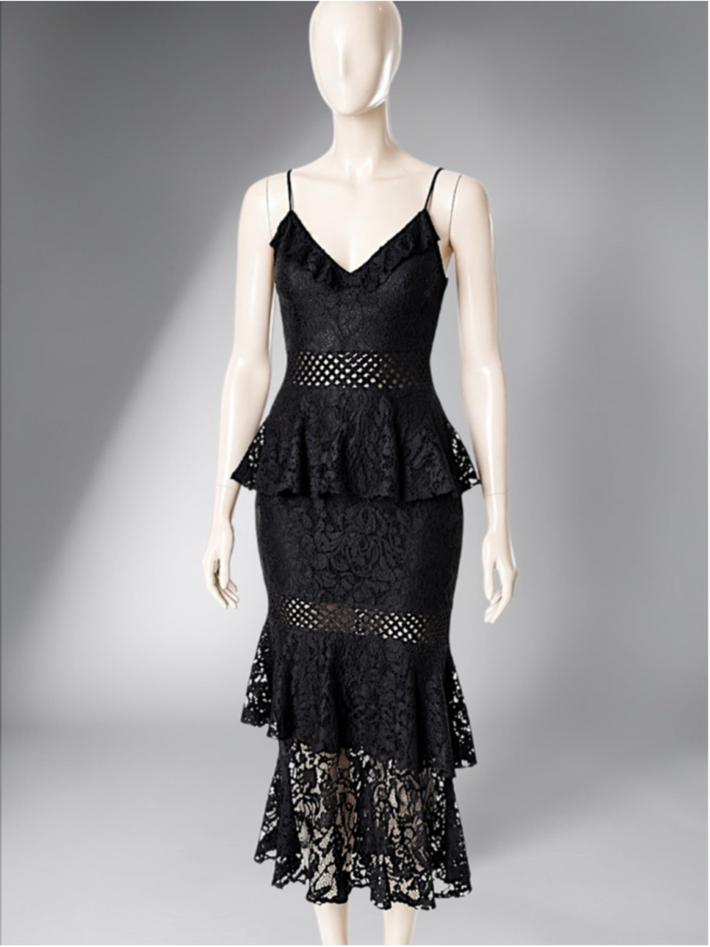 Little Mistress Black Lace Ruffle Midi Dress – Size 6 - Picture 8 of 14